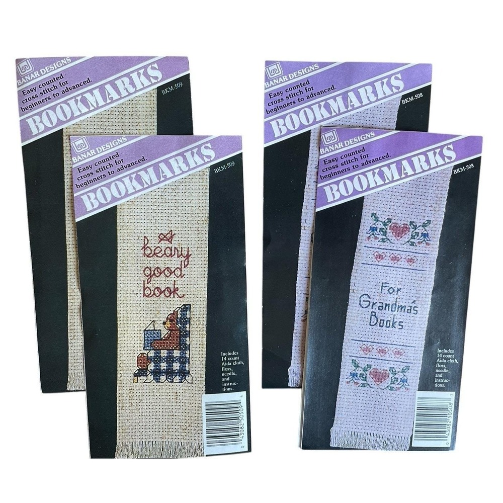 Lot of 4 Cross Stitch Bookmark Kits Grandmas' Book Bear Good Book Banar Design